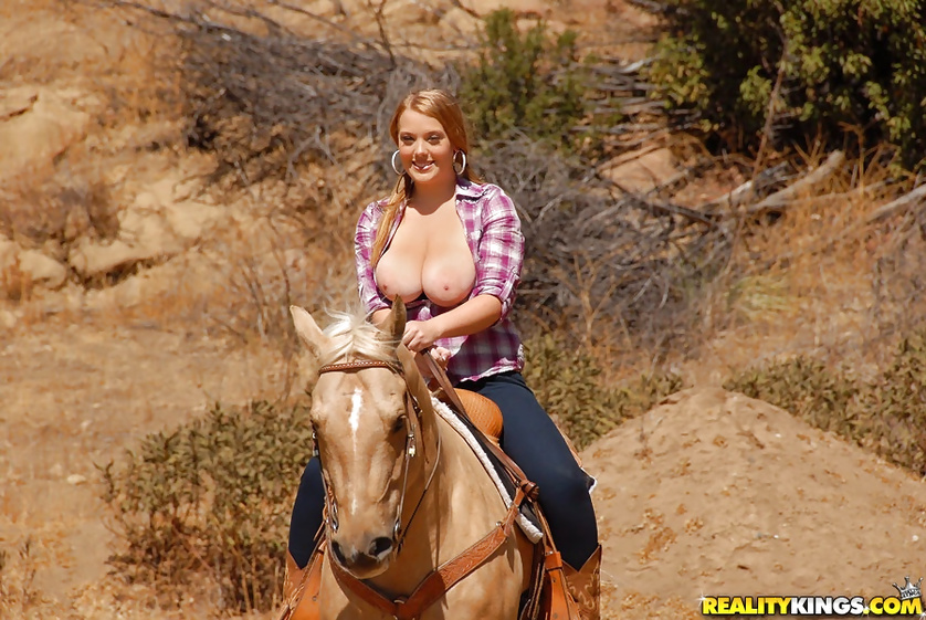 Busty babe is riding horse and demonstrating cock riding skills
