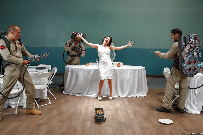 Dirty bride is letting three strong men in uniform fuck her hard