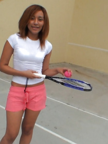 Sweet babe is playing tennis with lustful man. He is paying her for taking off her sexy uniform and for taking passionate care of his penis.