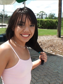 Young babe is looking hot wearing nothing but pink panties. She is riding her lover's big penis outdoor and masturbating her clitoris.