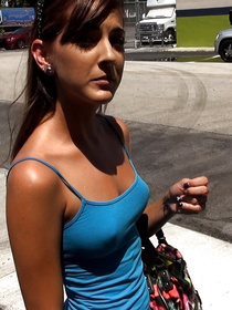 Strong man is having sexual adventure in the car. His new girlfriend is flashing her natural tits and deepthroating his big cock passionately.