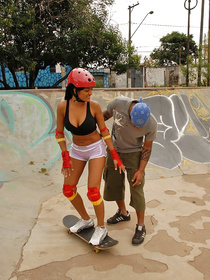 Sport chick is fond of skating in the streets. Her lover is taking off her clothes and equipment and penetrating her sweet holes with his boner.