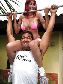Lustful redhead woman is fucking with her strong man outdoor. She is riding his sensational cock and getting naked body jizzed on.