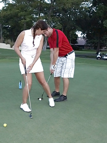Sweet brunette must be careful with these lustful guys. They are not just going to play golf with her, they also want to fuck her hard.