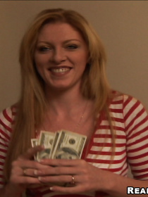 Strong man is pushing his long and thick penis deep into this sweet blonde's mouth. She is also showing her striptease and cock riding skills.